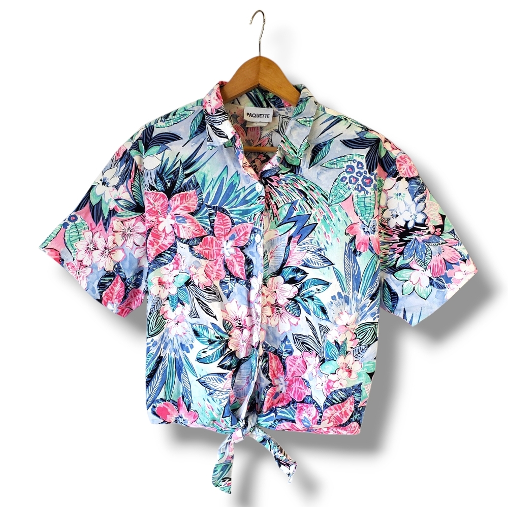 Vintage Paquette Pastel Multicolored Tropical Print Cropped Blouse Size Large